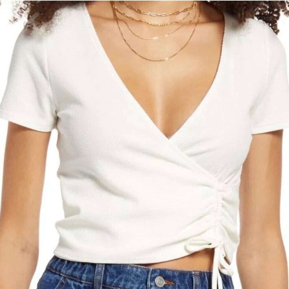 BP WRAP WAFFLE KNIT TOP RUCHING AT WAIST NEUTRAL IVORY CREAM 2X